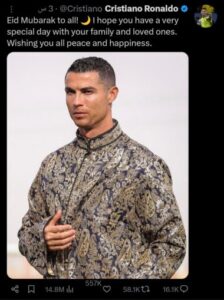 كريستيانو رونالدو يهنئ المسلمين بعيد الفطر 